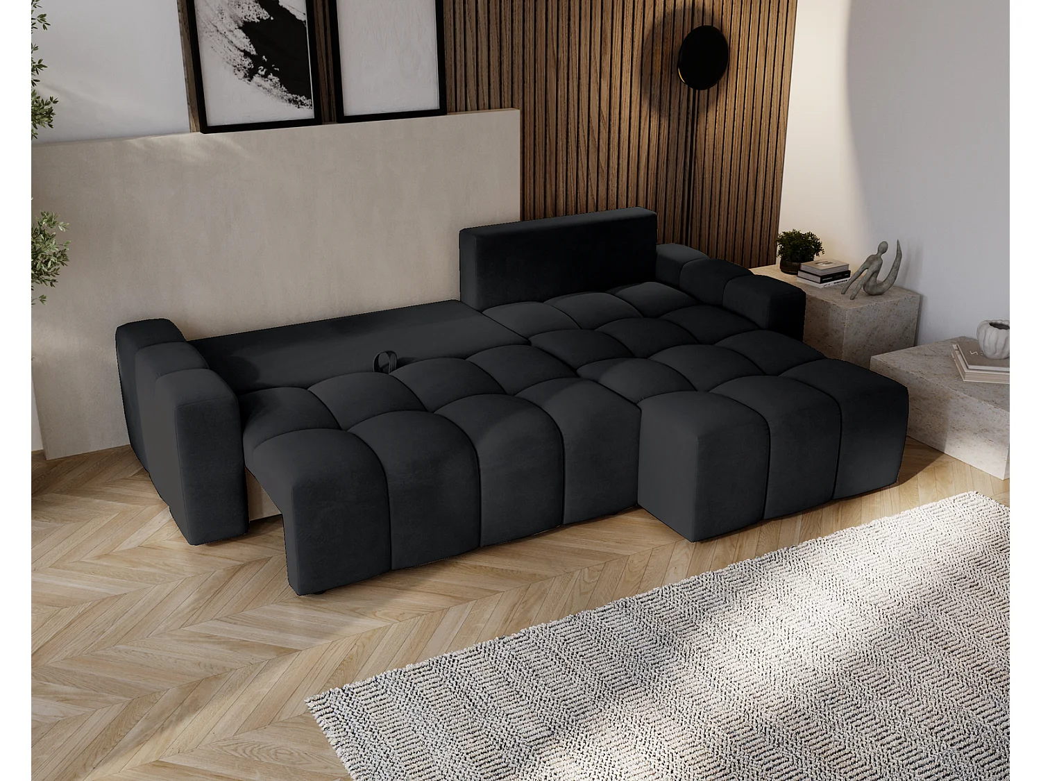 Canapé d'angle convertible Wilson, 255 cm, tissu velours, droit, noir