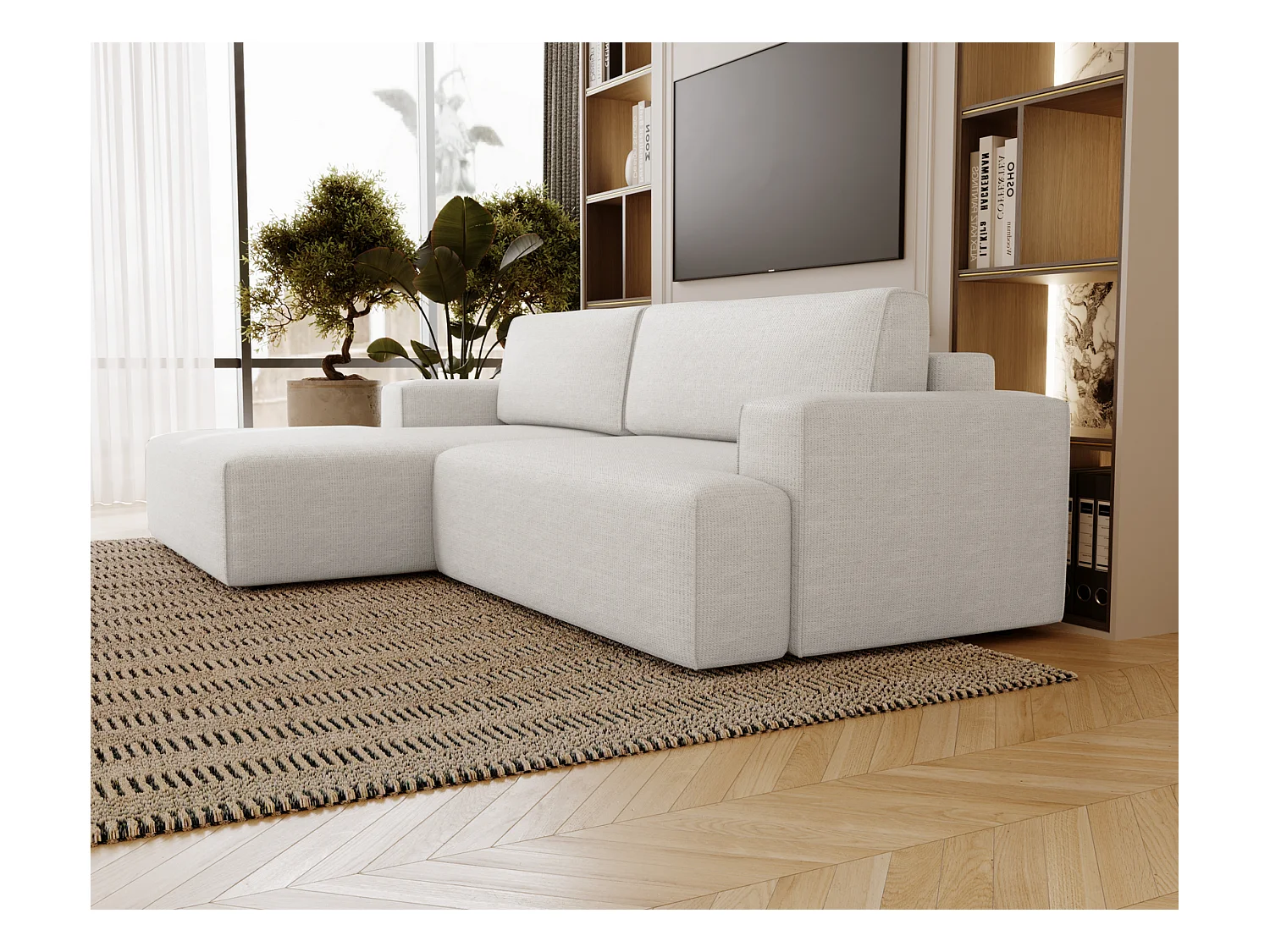 Emporius Boston narożnik rozkładany do salonu - sofa z funkcją spania, mały narożnik, pojemnik na pościel, lewostronny - narożnik kremowy (Memphis 1)