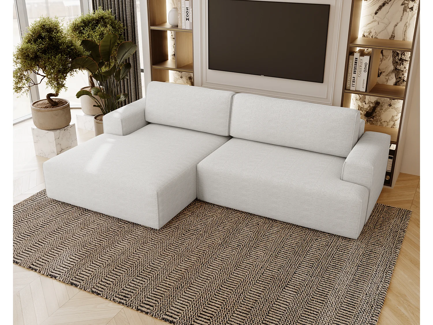 Canapé d'angle convertible Boston, canapé-lit 270 cm avec coffre de rangement, 4 places, gauche, crème