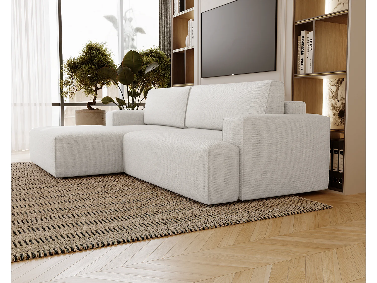 Canapé d'angle convertible Boston, canapé-lit 270 cm avec coffre de rangement, 4 places, gauche, crème