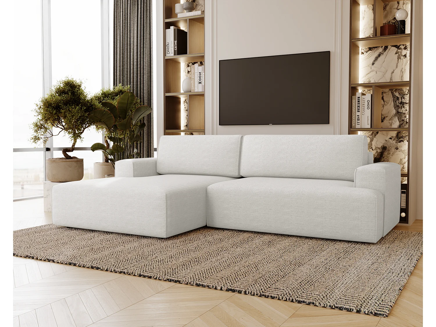 Canapé d'angle convertible Boston, canapé-lit 270 cm avec coffre de rangement, 4 places, gauche, crème