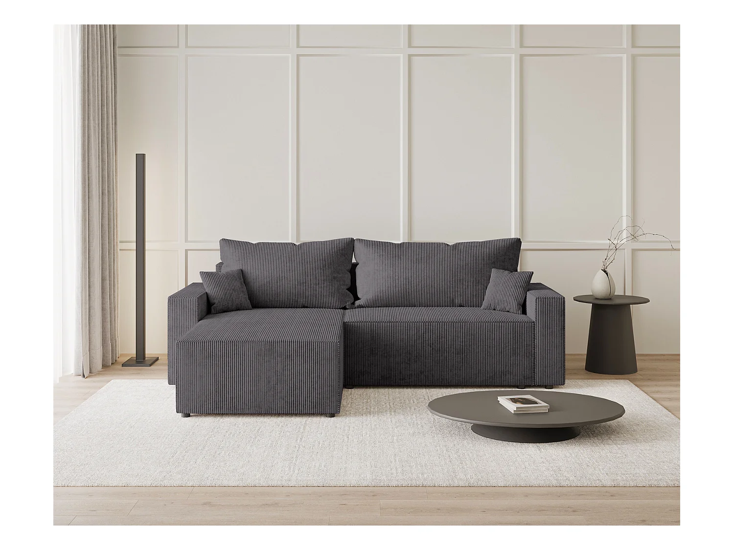 Emporius Lugo Canapé d'angle Convertible - Tissu Velours Côtelé, Canapé d'angle avec Rangement - Gauche, Gris (LincolD 96)