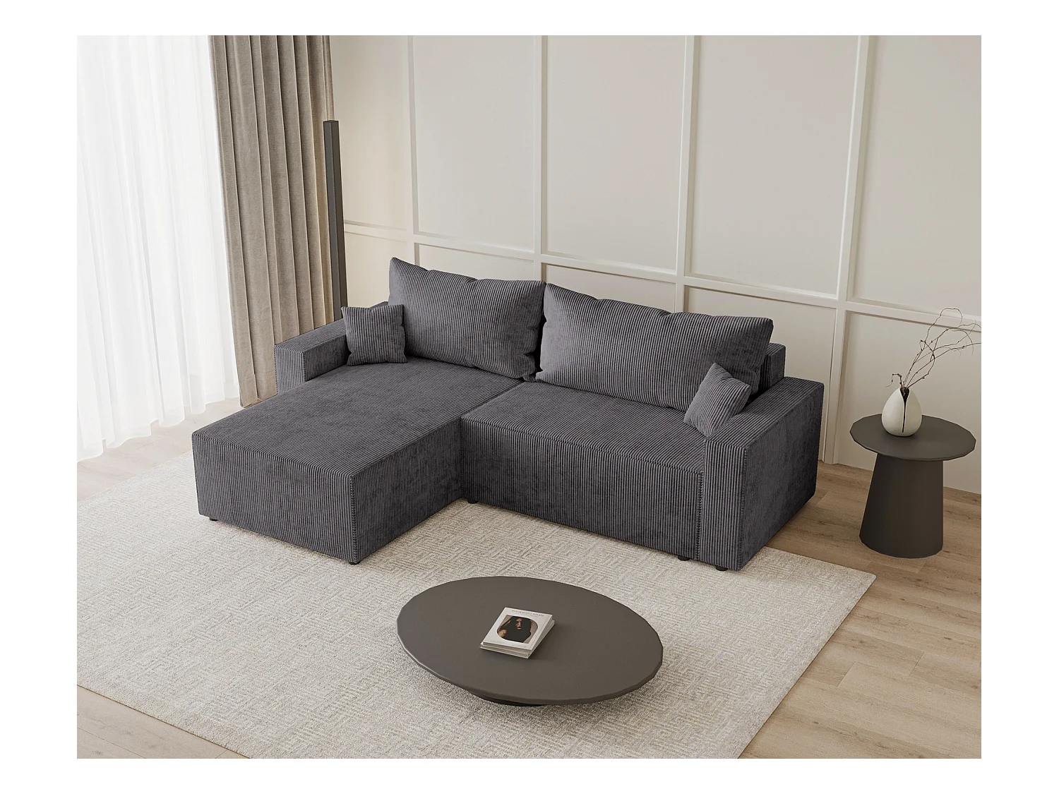 Emporius Lugo Canapé d'angle Convertible - Tissu Velours Côtelé, Canapé d'angle avec Rangement - Gauche, Gris (LincolD 96)