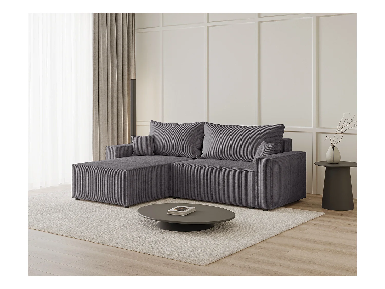 Emporius Lugo Canapé d'angle Convertible - Tissu Velours Côtelé, Canapé d'angle avec Rangement - Gauche, Gris (LincolD 96)