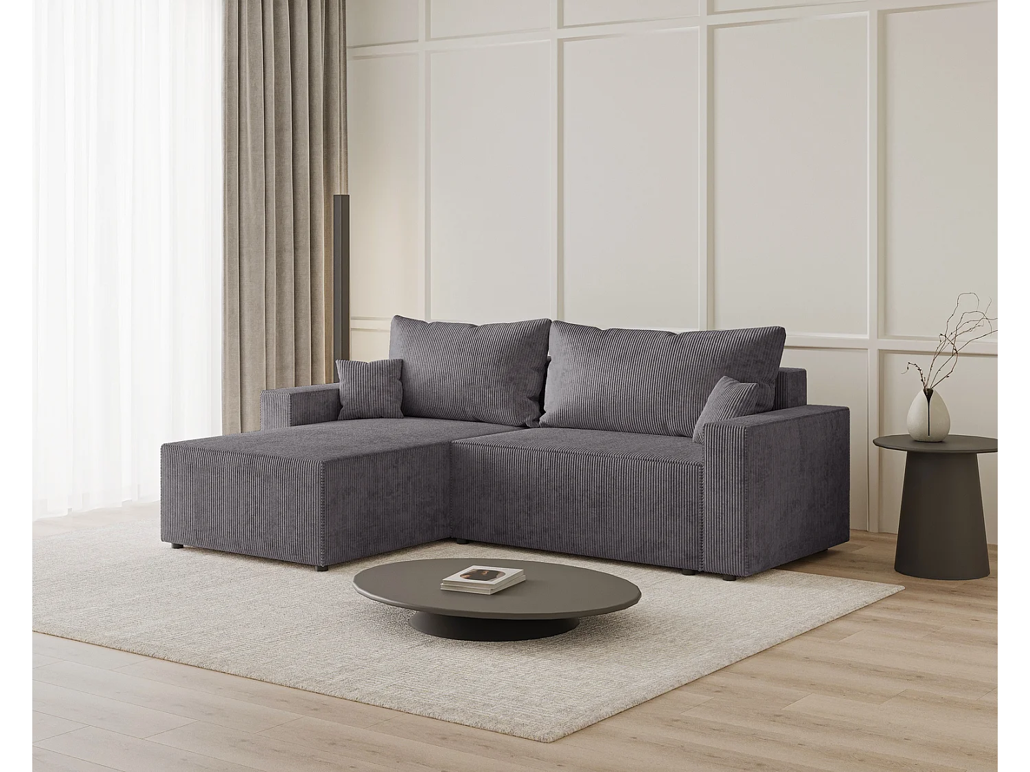 Emporius Lugo Hoekbank 250 cm - L-Vorm, sofa met slaapfunctie, links, ribfluweel Grijs (LincolnD 96)