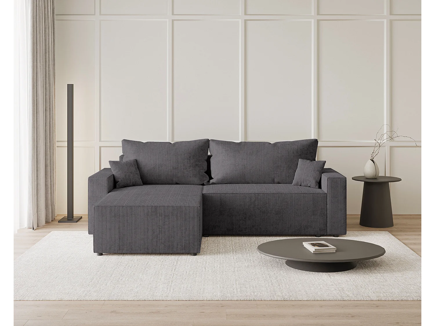 Emporius Lugo Hoekbank 250 cm - L-Vorm, sofa met slaapfunctie, links, ribfluweel Grijs (LincolnD 96)