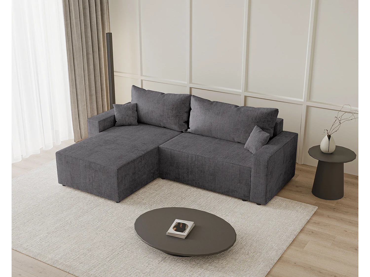 Emporius Lugo Hoekbank 250 cm - L-Vorm, sofa met slaapfunctie, links, ribfluweel Grijs (LincolnD 96)
