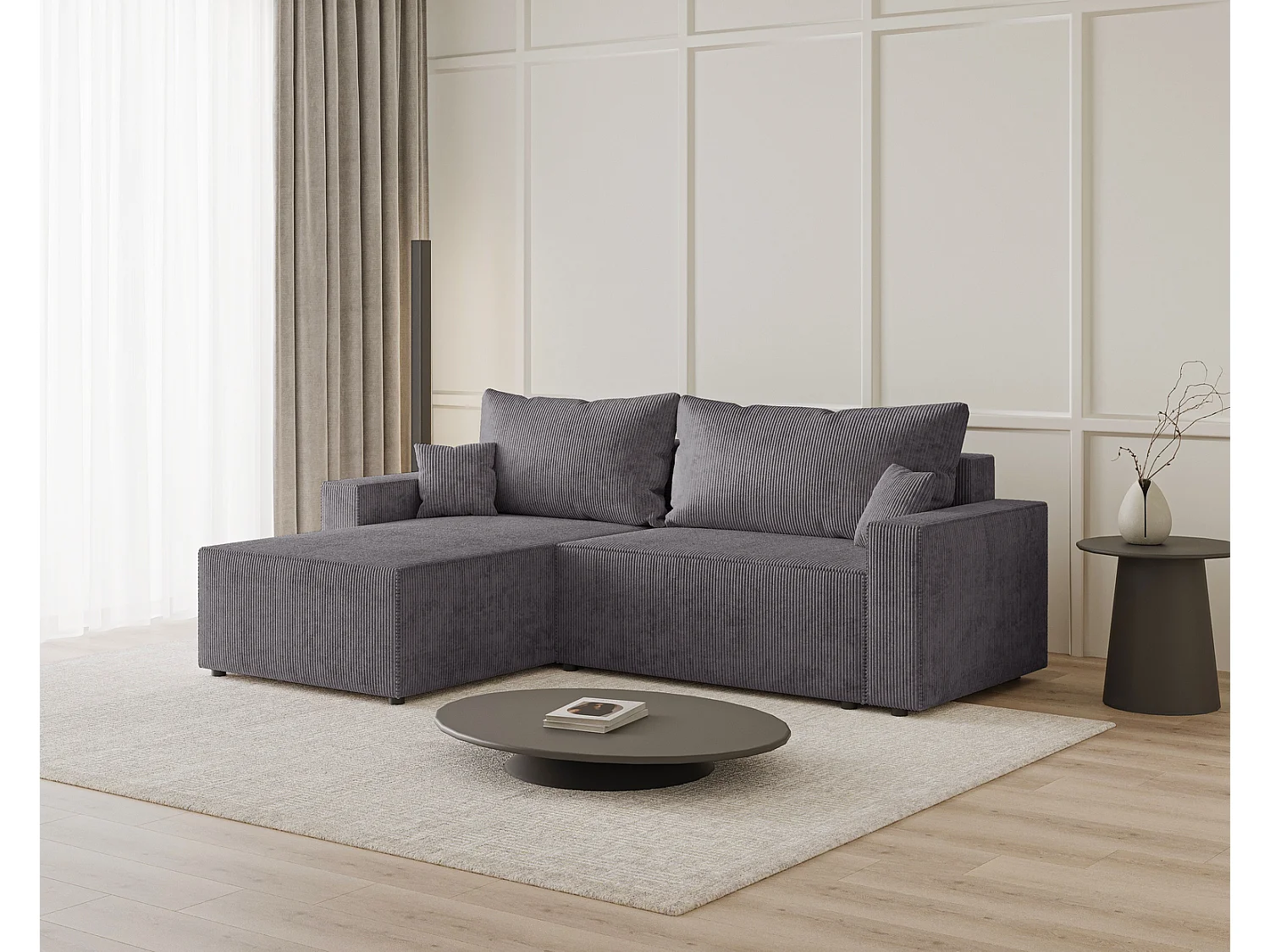 Hoekbank met slaapfunctie Lugo 250 cm, L-vorm, sofa, links, ribfluweel grijs