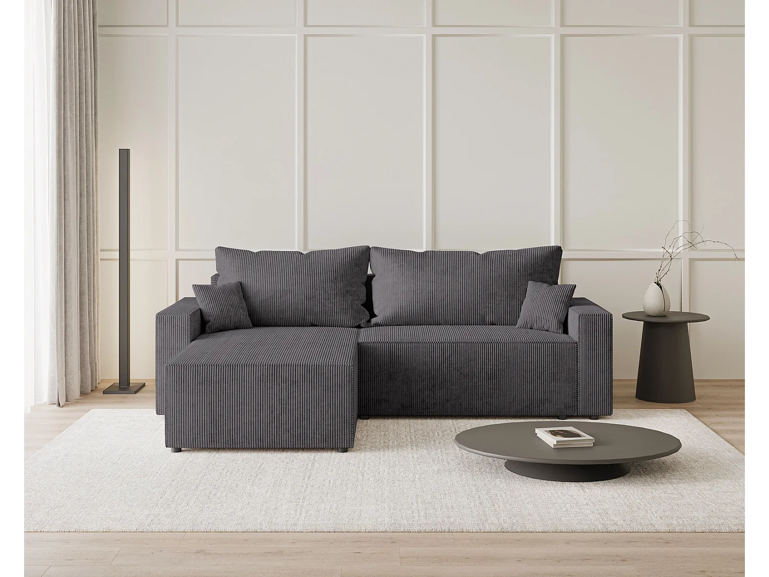 Hoekbank met slaapfunctie Lugo 250 cm, L-vorm, sofa, links, ribfluweel grijs