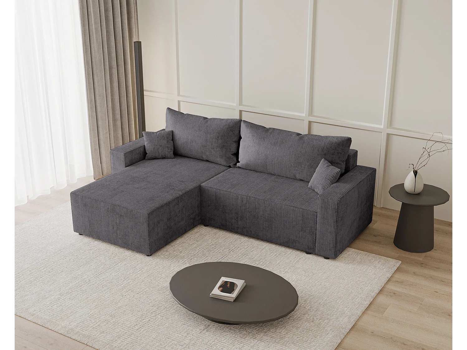 Hoekbank met slaapfunctie Lugo 250 cm, L-vorm, sofa, links, ribfluweel grijs