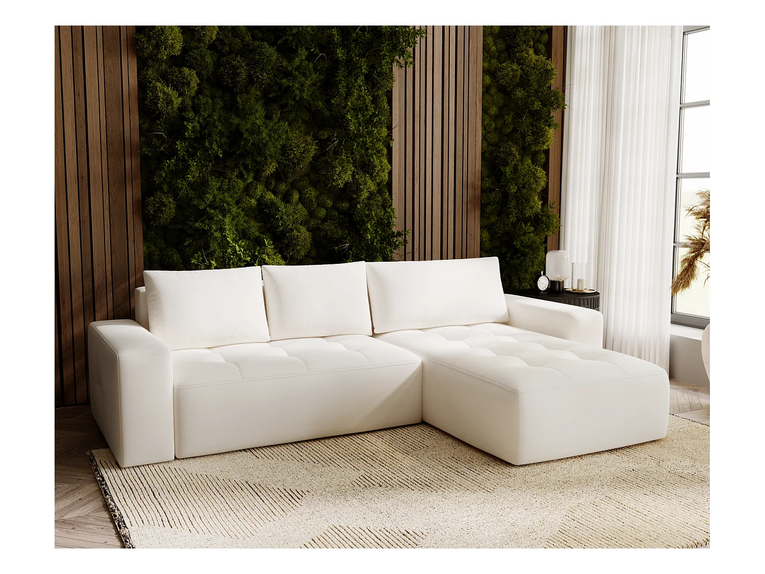 Emporius Nevada Canapé d'angle avec Rangement, Convertible - Tissu Velours, Canapé d'angle 250 cm, 4 Places - Droite, Crème (Trinity 1)