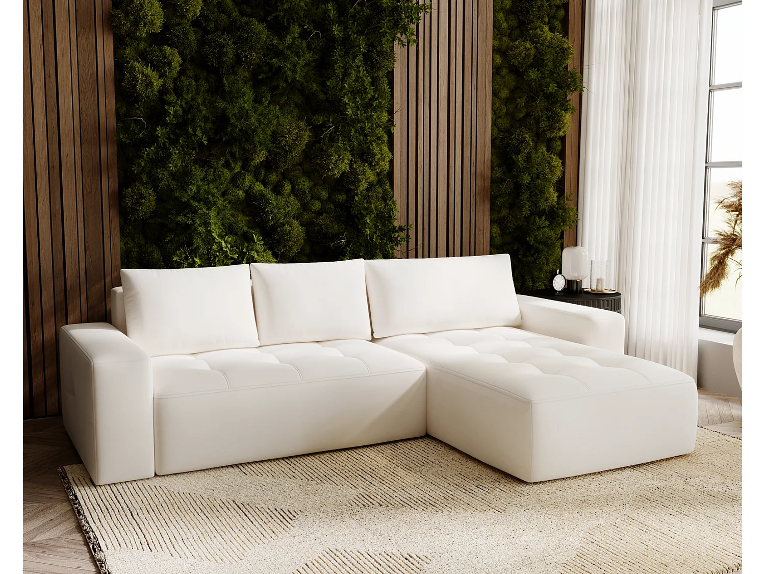 Emporius Nevada Canapé d'angle avec Rangement, Convertible - Tissu Velours, Canapé d'angle 250 cm, 4 Places - Droite, Crème (Trinity 1)