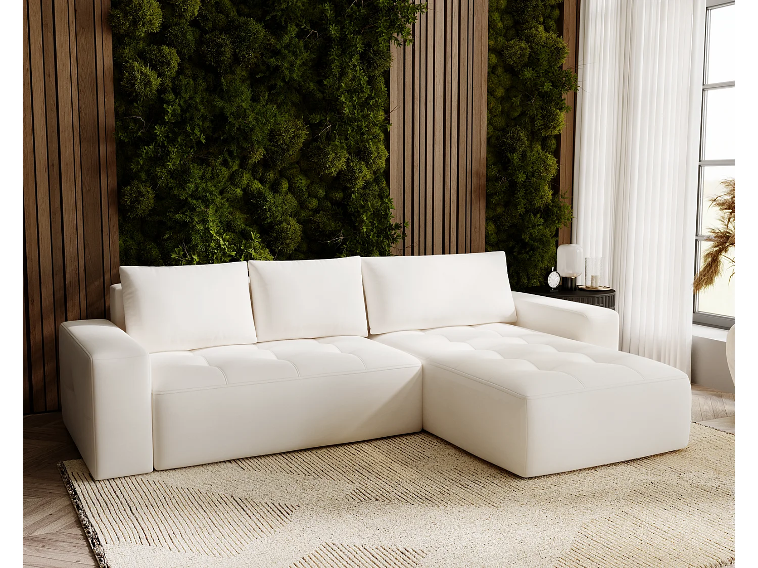 Emporius Nevada Hoekbank 250 cm met slaapfunctie et bedlade, rechts, fluweel crème (Trinity 1)