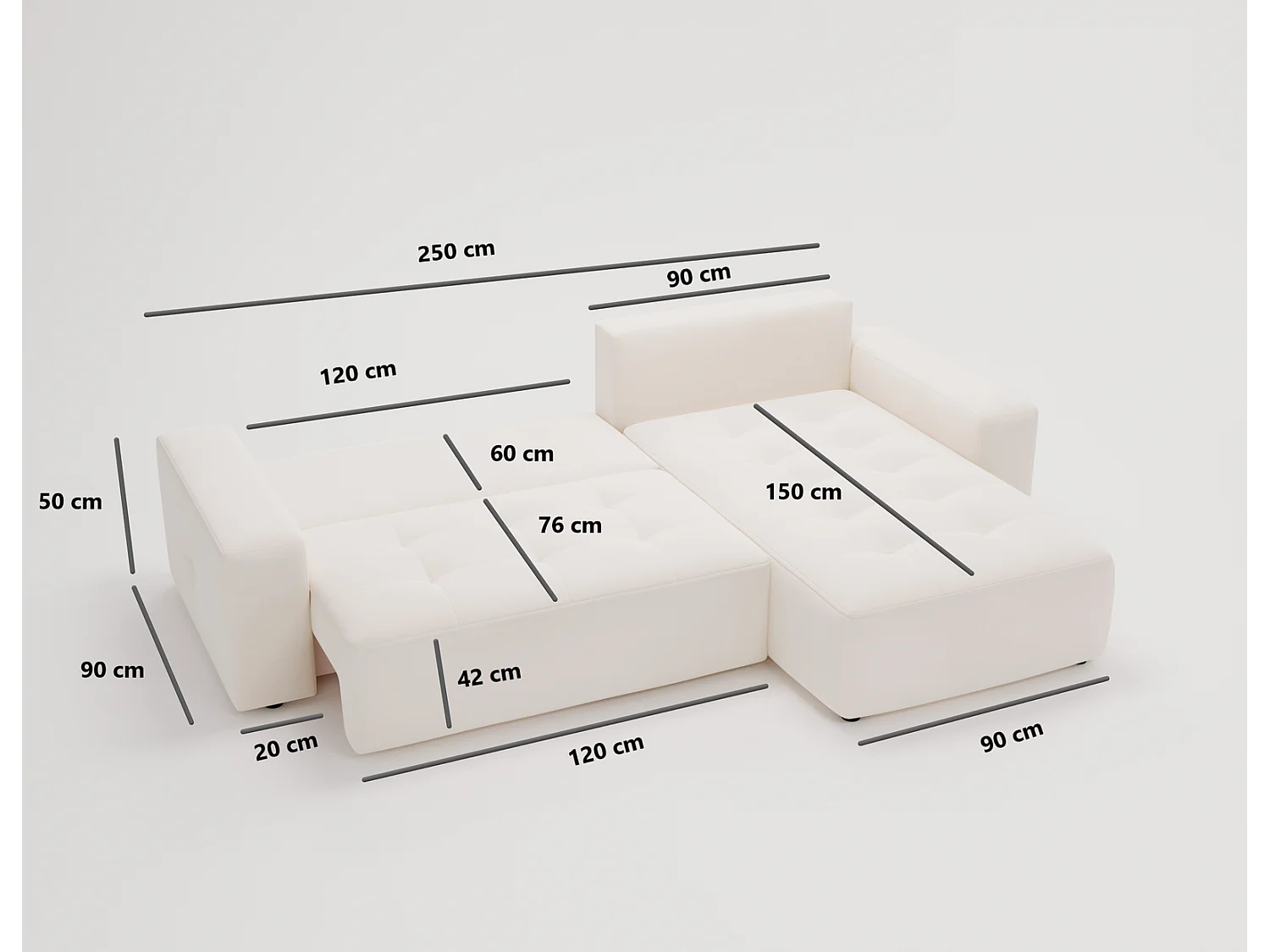 Emporius Nevada Hoekbank 250 cm met slaapfunctie et bedlade, rechts, fluweel crème (Trinity 1)