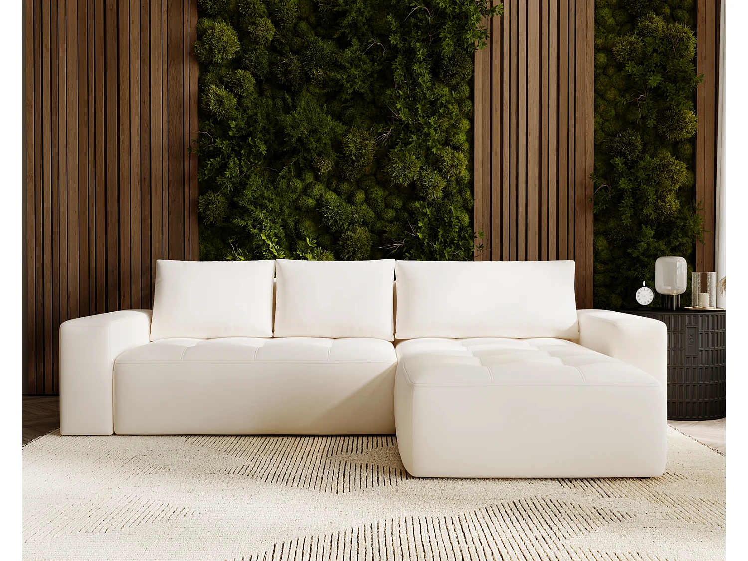 Canapé d'angle convertible 4 places en tissu capitonné crème