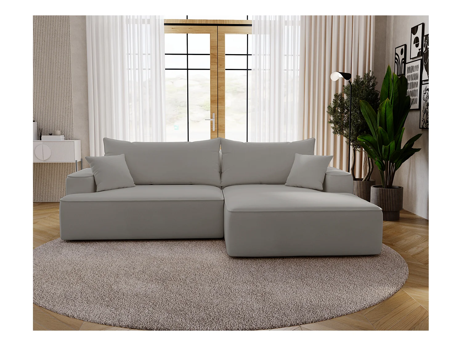 Emporius Dallas Canapé d'angle 270 cm, Convertible, Tissu Velours - Droite, Gris clair (Komodo 20)