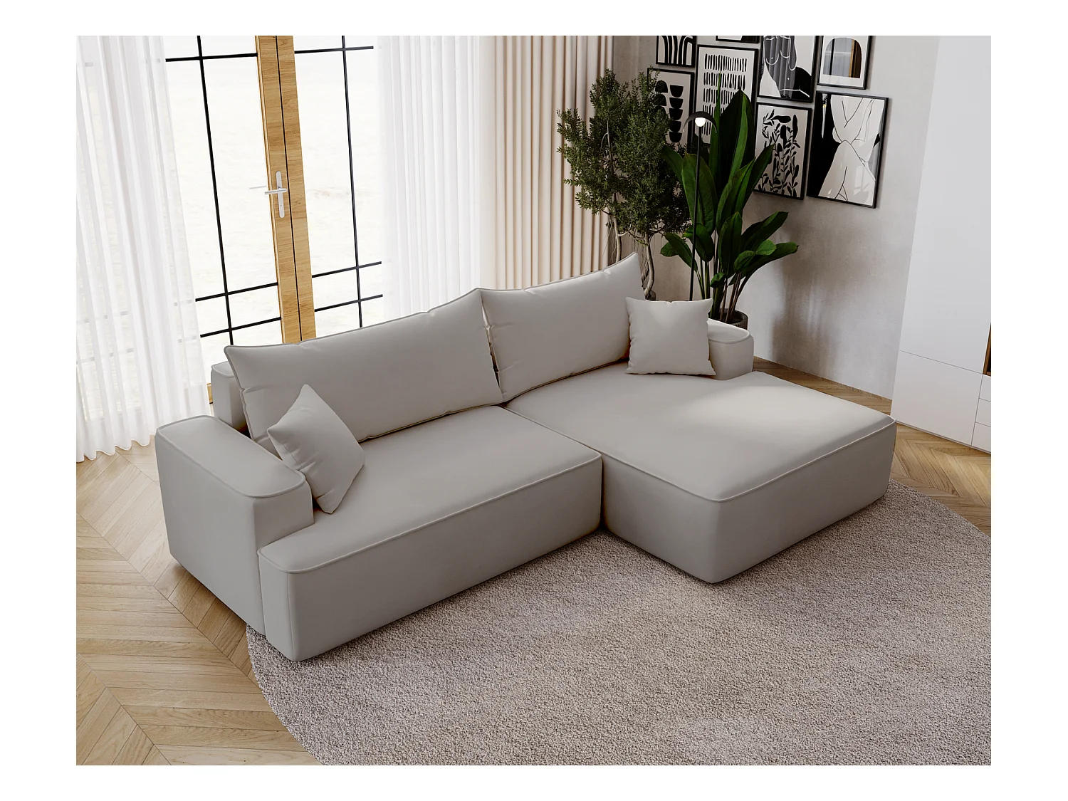 Emporius Dallas Canapé d'angle 270 cm, Convertible, Tissu Velours - Droite, Gris clair (Komodo 20)