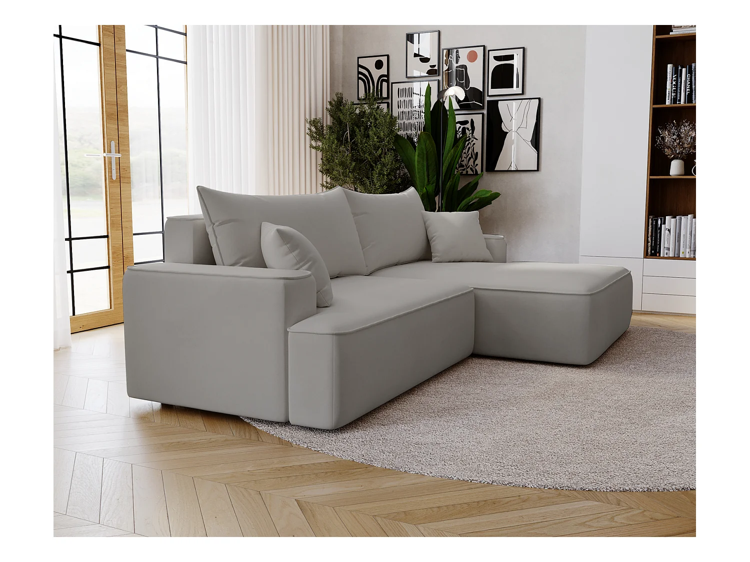 Emporius Dallas Canapé d'angle 270 cm, Convertible, Tissu Velours - Droite, Gris clair (Komodo 20)