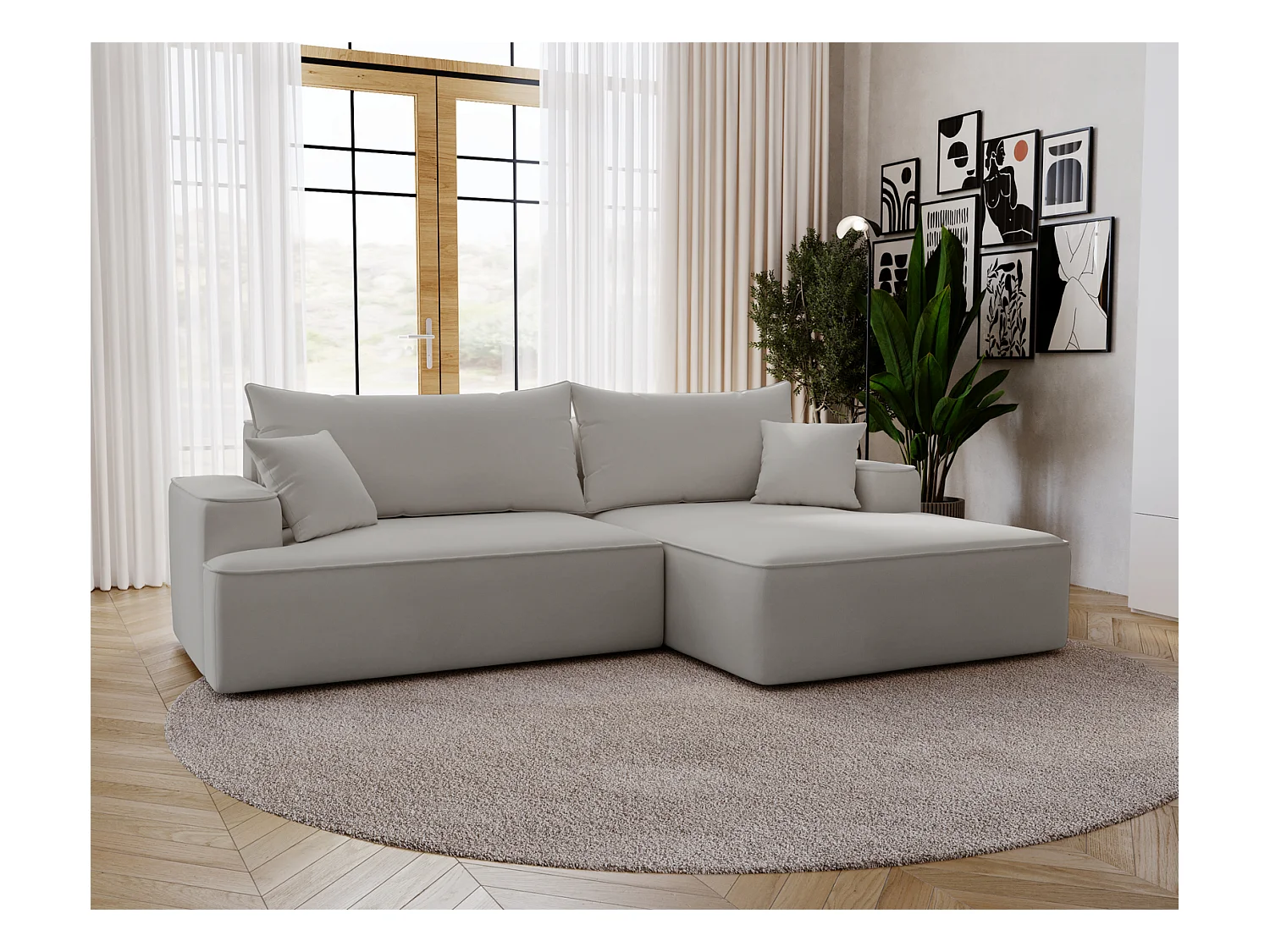 Emporius Dallas Canapé d'angle 270 cm, Convertible, Tissu Velours - Droite, Gris clair (Komodo 20)