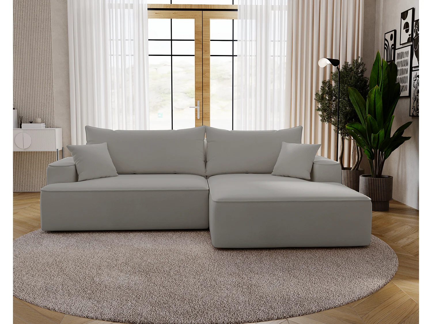 Emporius Dallas Canapé d'angle 270 cm, Convertible, Tissu Velours - Droite, Gris clair (Komodo 20)