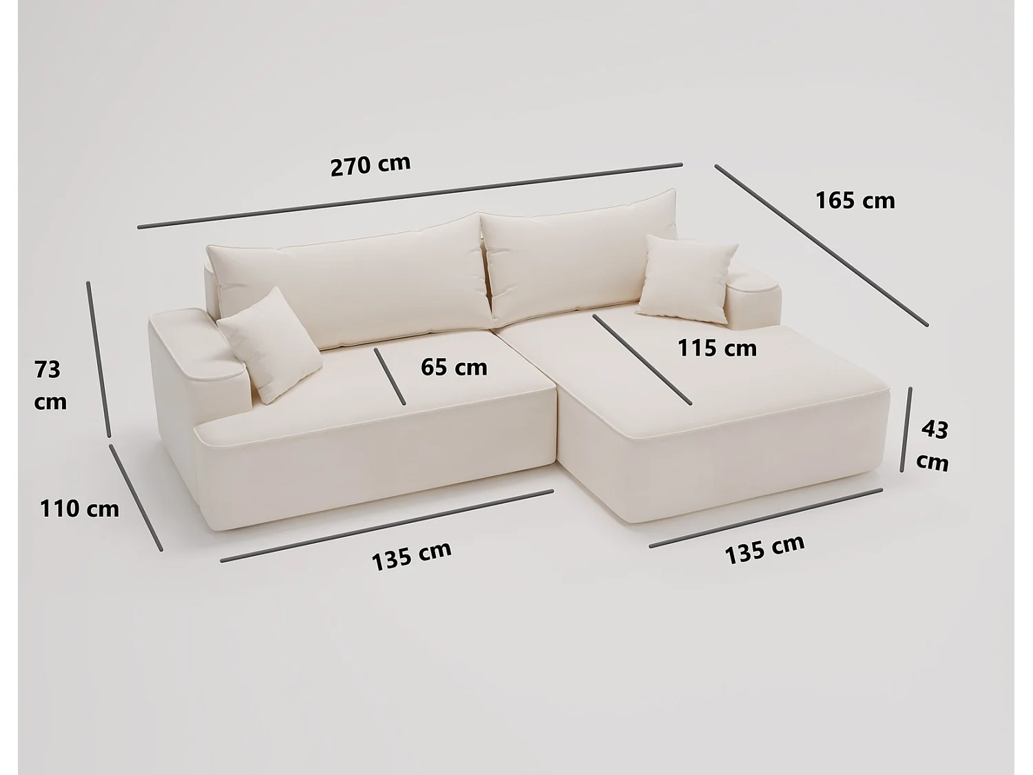 Canapé d'angle convertible Dallas, 270 cm, velours, droit, gris clair