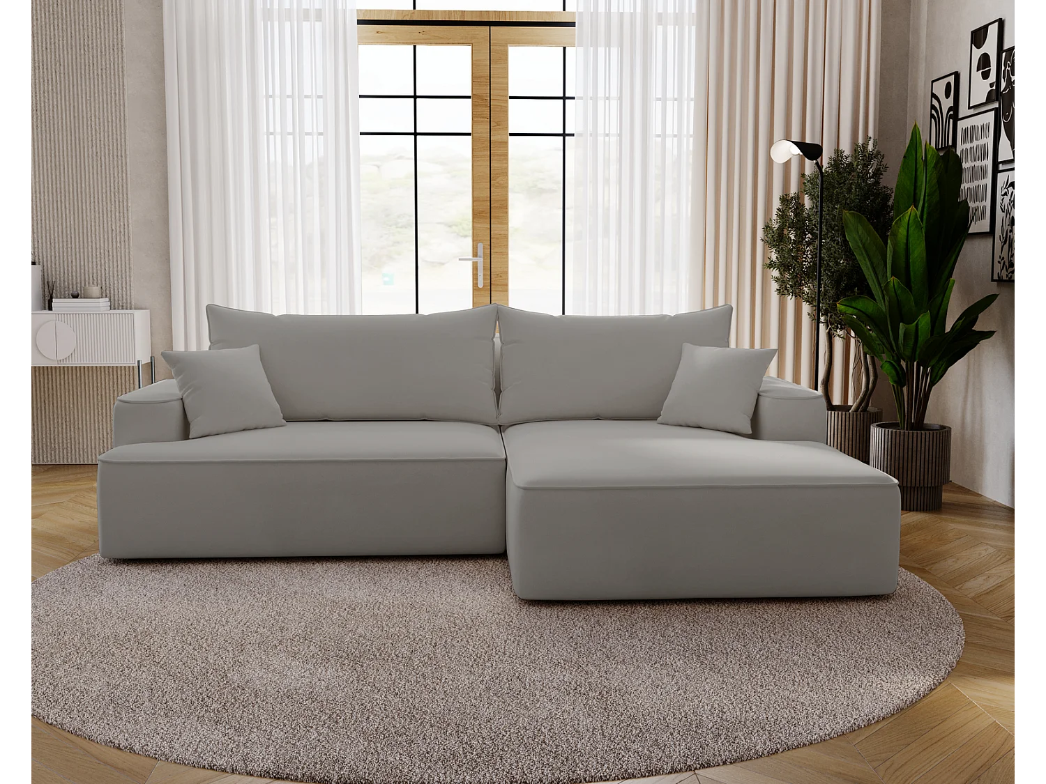 Emporius Dallas Hoekbank L-Vorm - slaapfunctie en bedlade, rechts - Sofa 250 cm, fluweel lichtgrijs (Komodo 20)