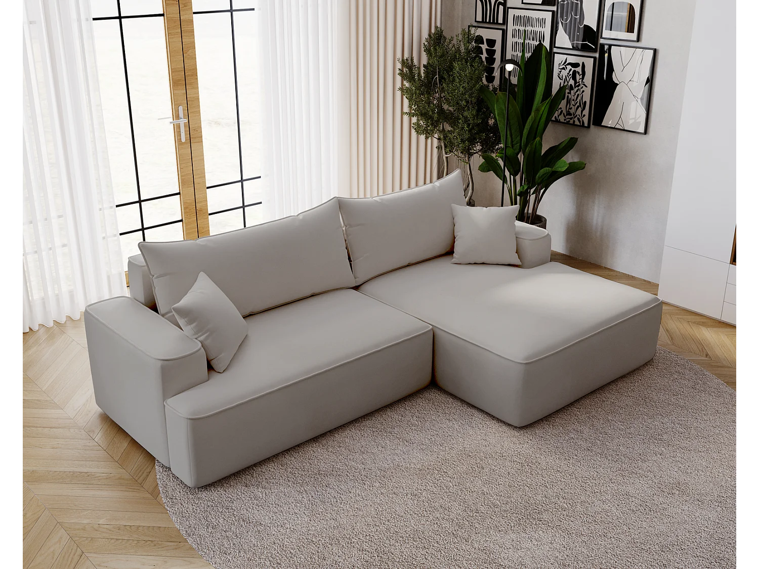 Emporius Dallas Hoekbank L-Vorm - slaapfunctie en bedlade, rechts - Sofa 250 cm, fluweel lichtgrijs (Komodo 20)