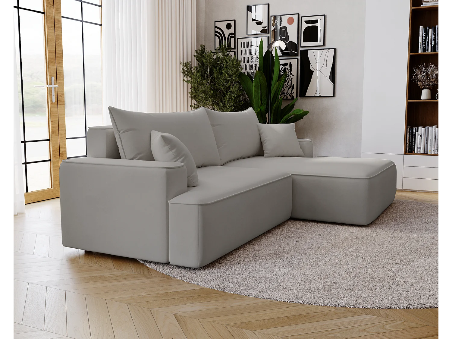 Emporius Dallas Hoekbank L-Vorm - slaapfunctie en bedlade, rechts - Sofa 250 cm, fluweel lichtgrijs (Komodo 20)