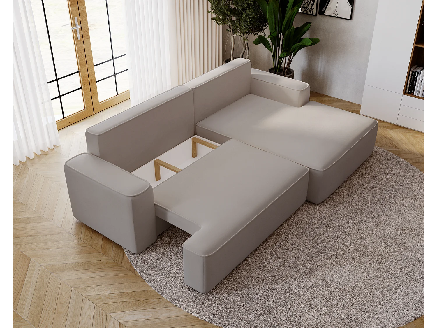 Emporius Dallas Hoekbank L-Vorm - slaapfunctie en bedlade, rechts - Sofa 250 cm, fluweel lichtgrijs (Komodo 20)