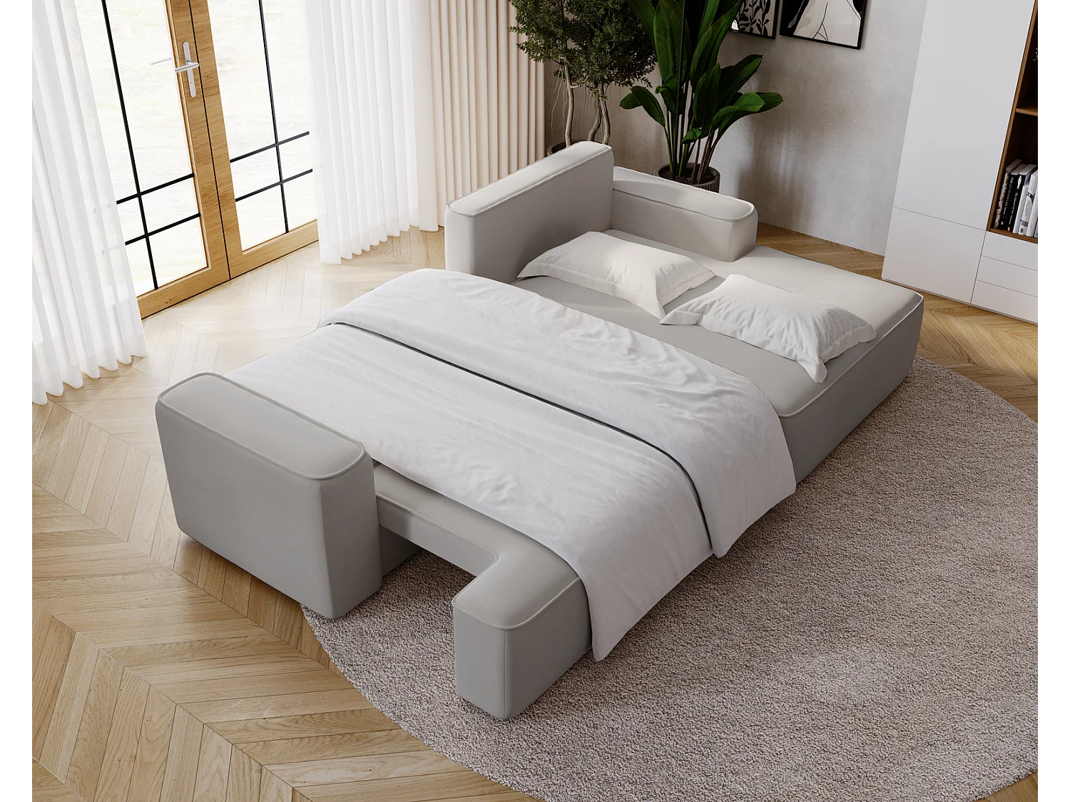 Emporius Dallas Hoekbank L-Vorm - slaapfunctie en bedlade, rechts - Sofa 250 cm, fluweel lichtgrijs (Komodo 20)