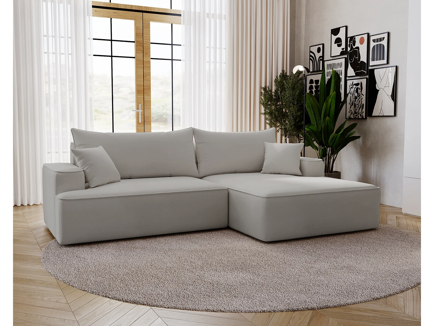 Canapé d'angle convertible Dallas, 270 cm, velours, droit, gris clair