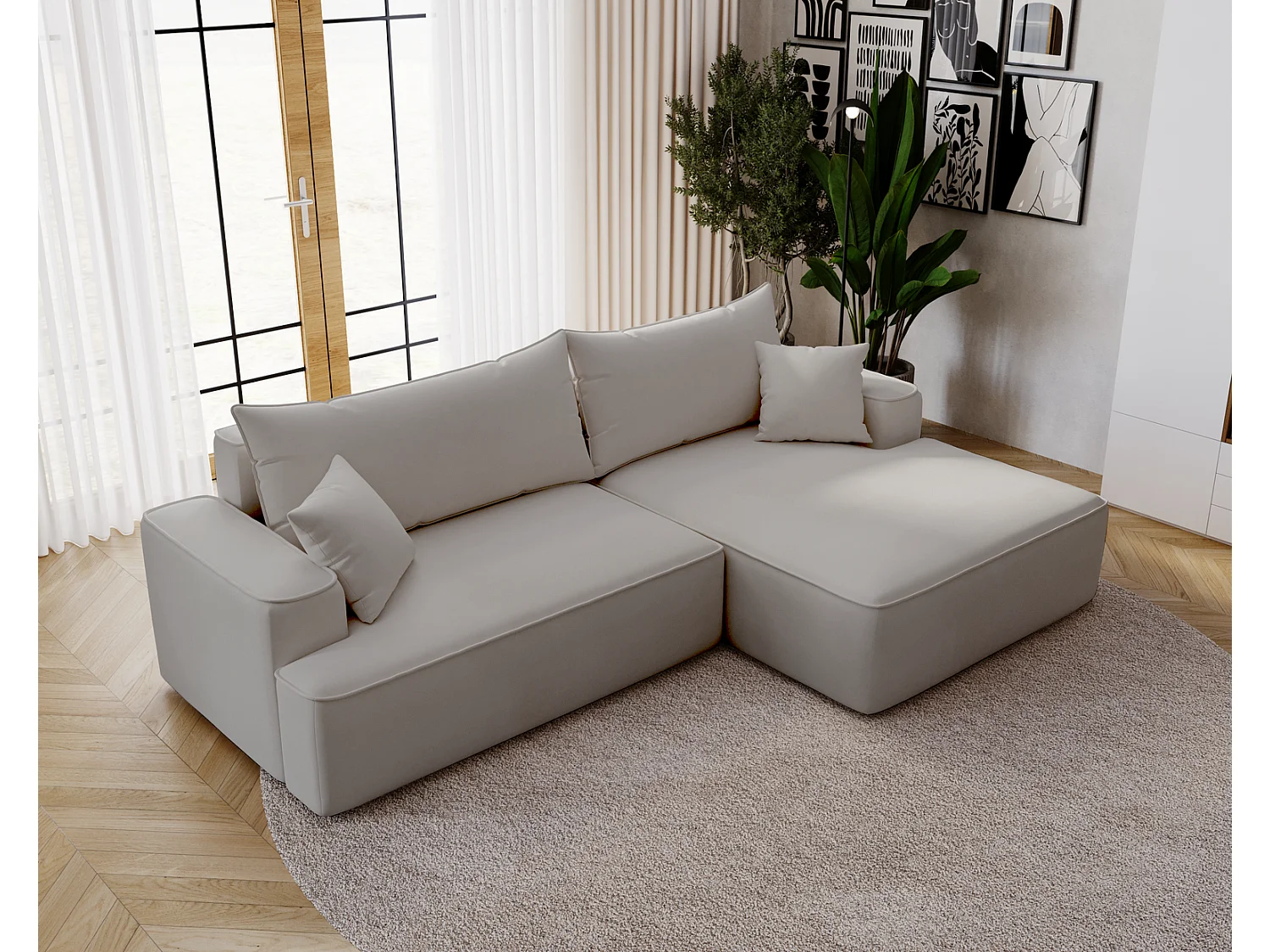Canapé d'angle convertible Dallas, 270 cm, velours, droit, gris clair