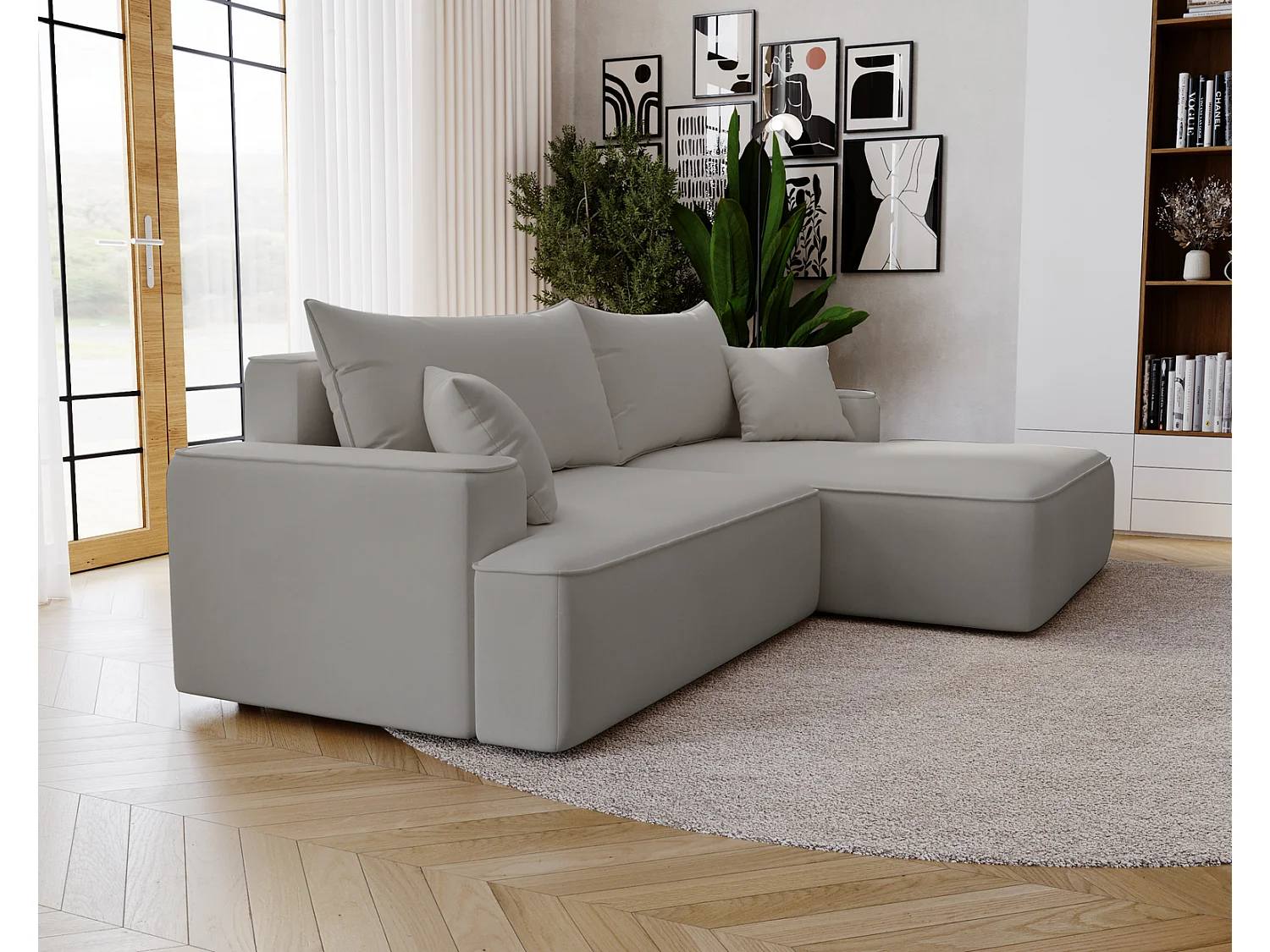 Canapé d'angle convertible Dallas, 270 cm, velours, droit, gris clair