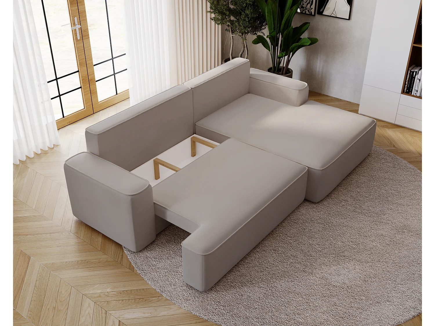 Canapé d'angle convertible Dallas, 270 cm, velours, droit, gris clair