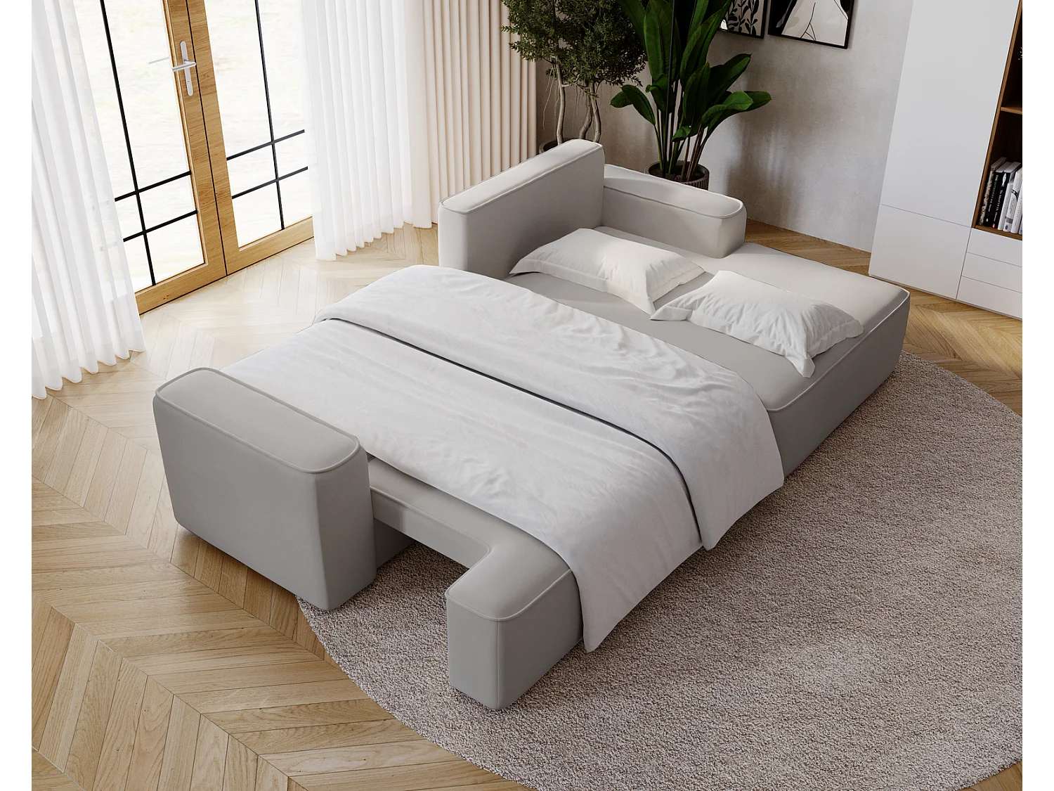 Canapé d'angle convertible Dallas, 270 cm, velours, droit, gris clair