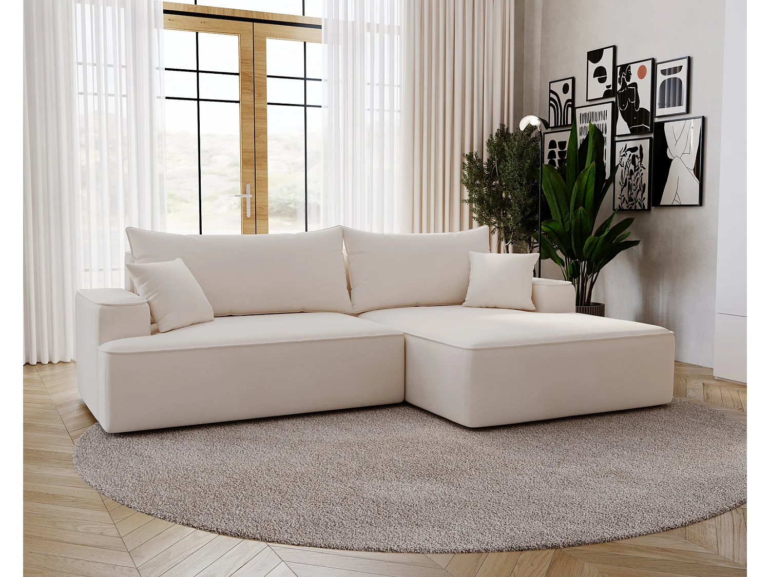 Emporius Dallas Canapé d'angle 270 cm, Convertible, Tissu Velours - Droite, Crème (Komodo 10)