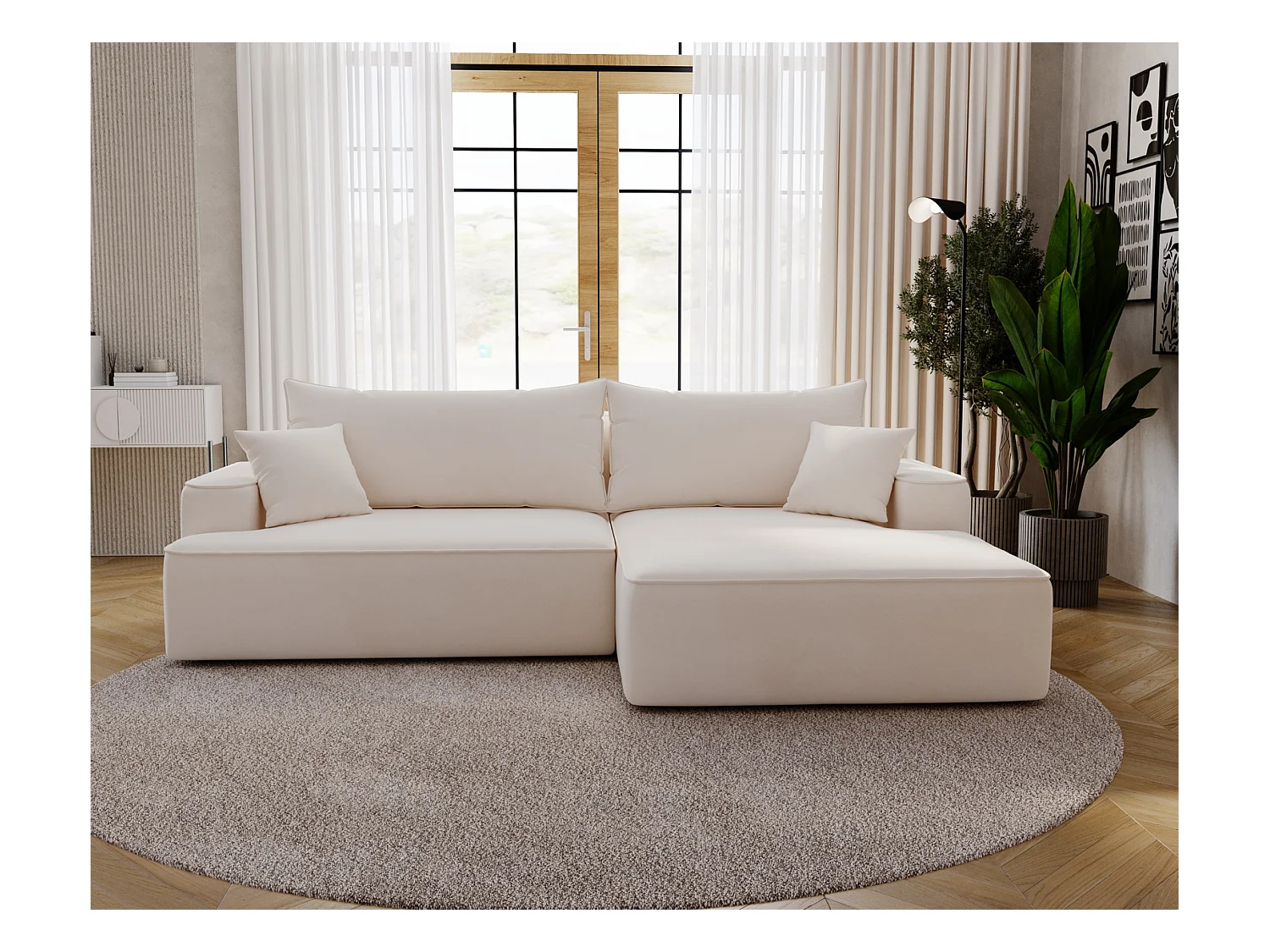 Emporius Dallas Canapé d'angle 270 cm, Convertible, Tissu Velours - Droite, Crème (Komodo 10)