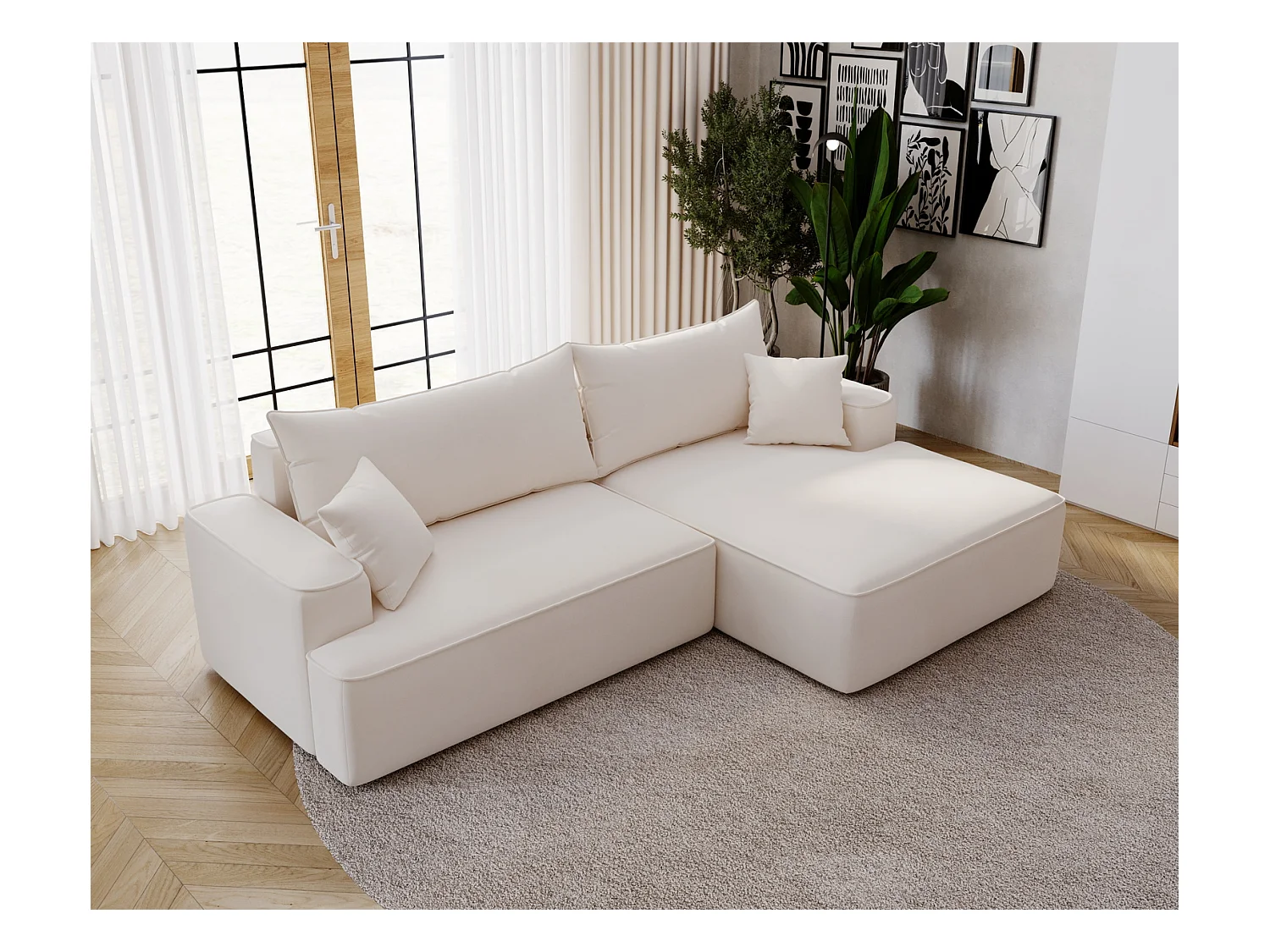 Emporius Dallas Canapé d'angle 270 cm, Convertible, Tissu Velours - Droite, Crème (Komodo 10)