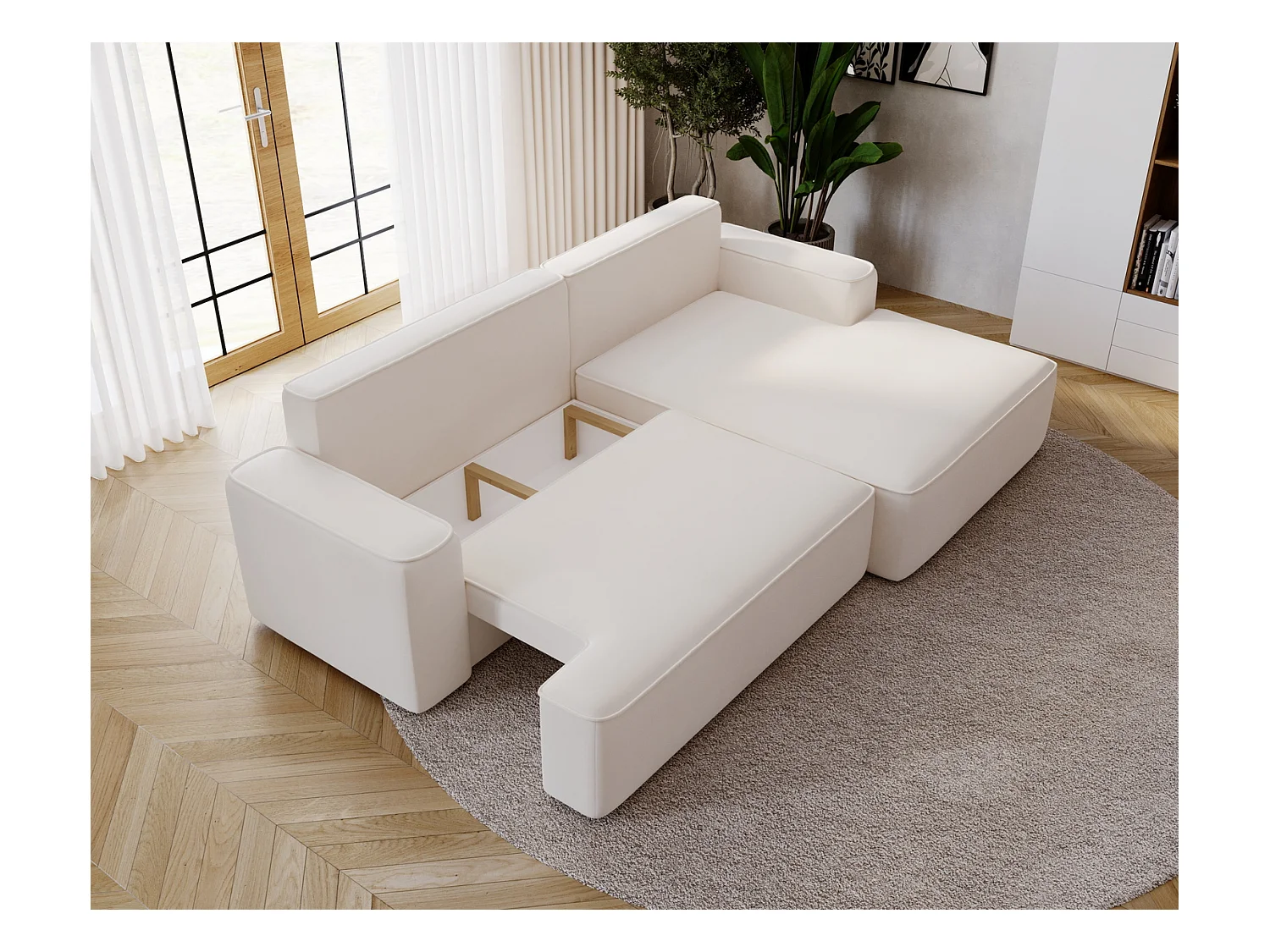 Emporius Dallas Canapé d'angle 270 cm, Convertible, Tissu Velours - Droite, Crème (Komodo 10)