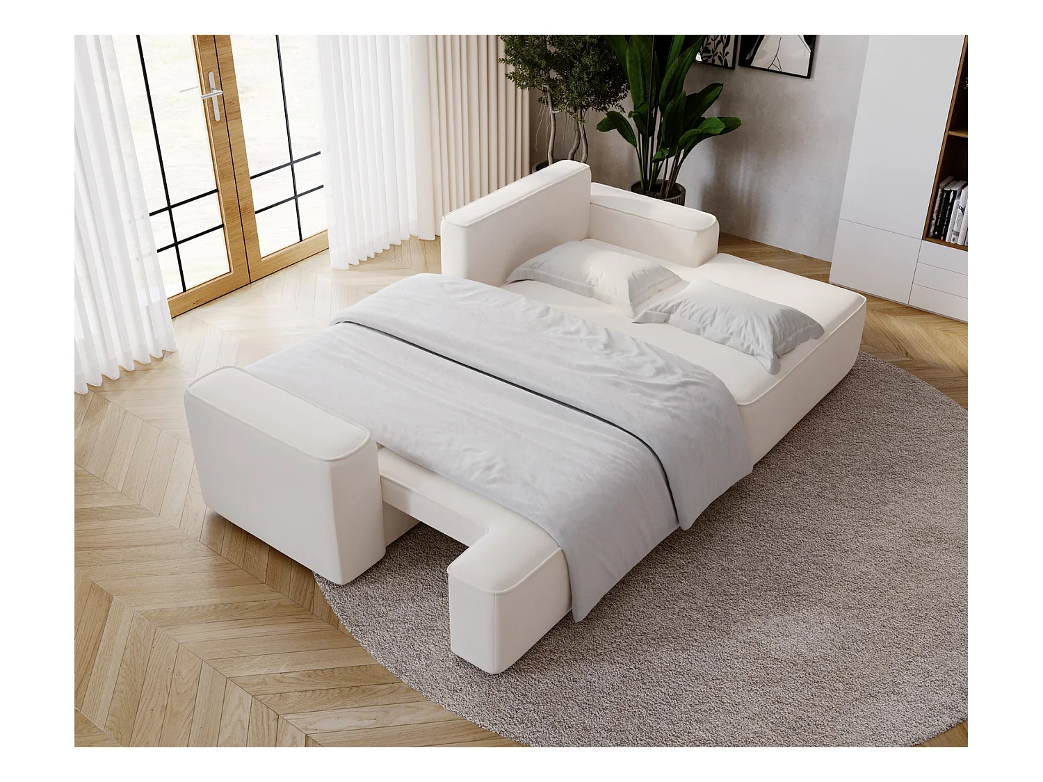 Emporius Dallas Canapé d'angle 270 cm, Convertible, Tissu Velours - Droite, Crème (Komodo 10)