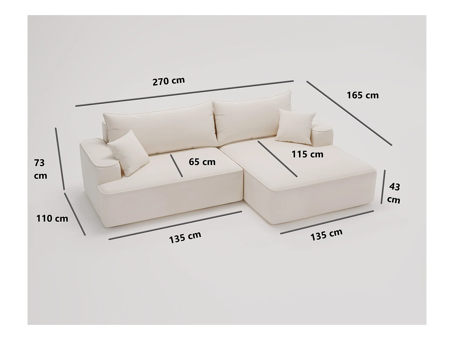 Emporius Dallas Canapé d'angle 270 cm, Convertible, Tissu Velours - Droite, Crème (Komodo 10)