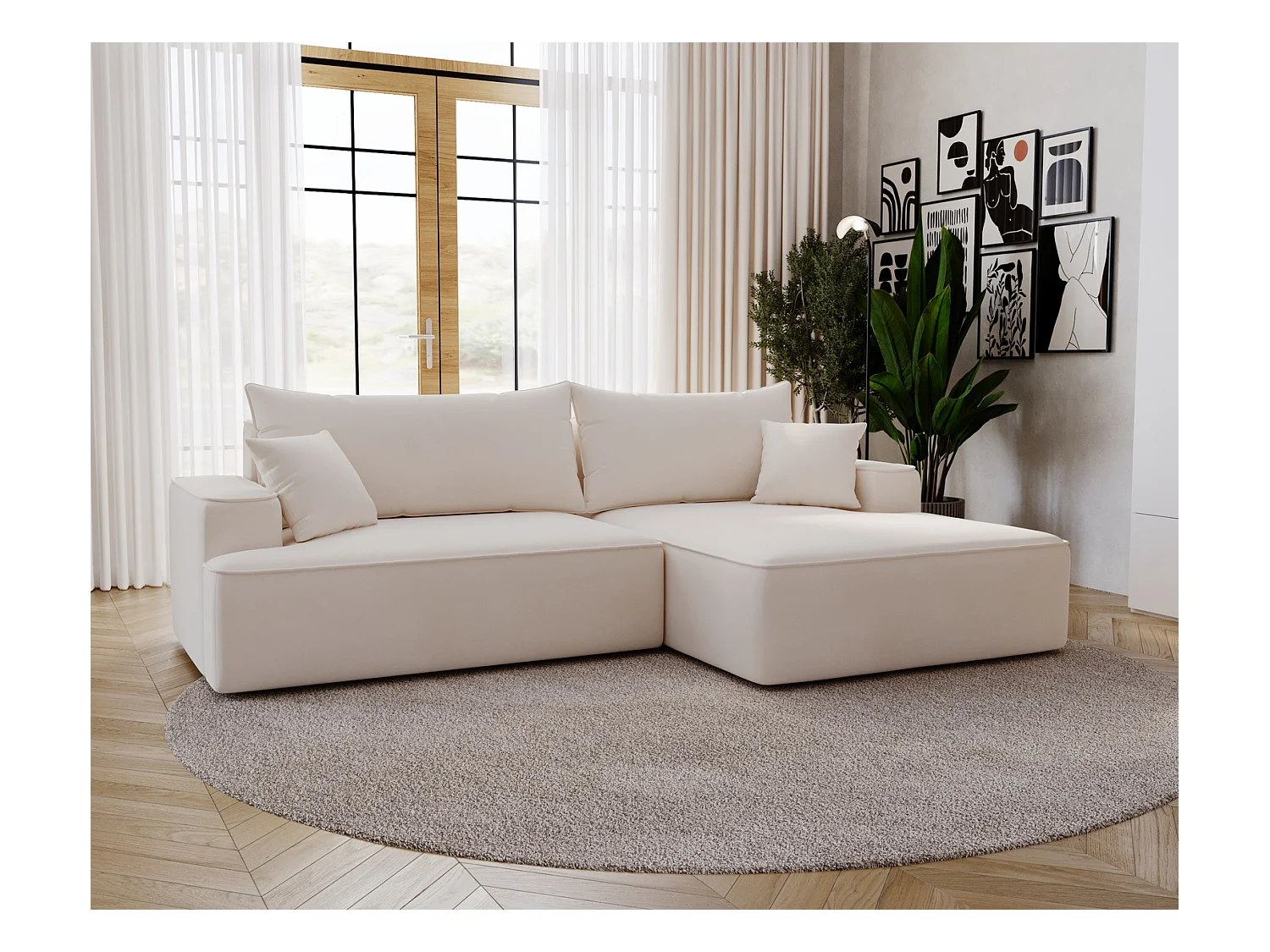 Emporius Dallas Canapé d'angle 270 cm, Convertible, Tissu Velours - Droite, Crème (Komodo 10)