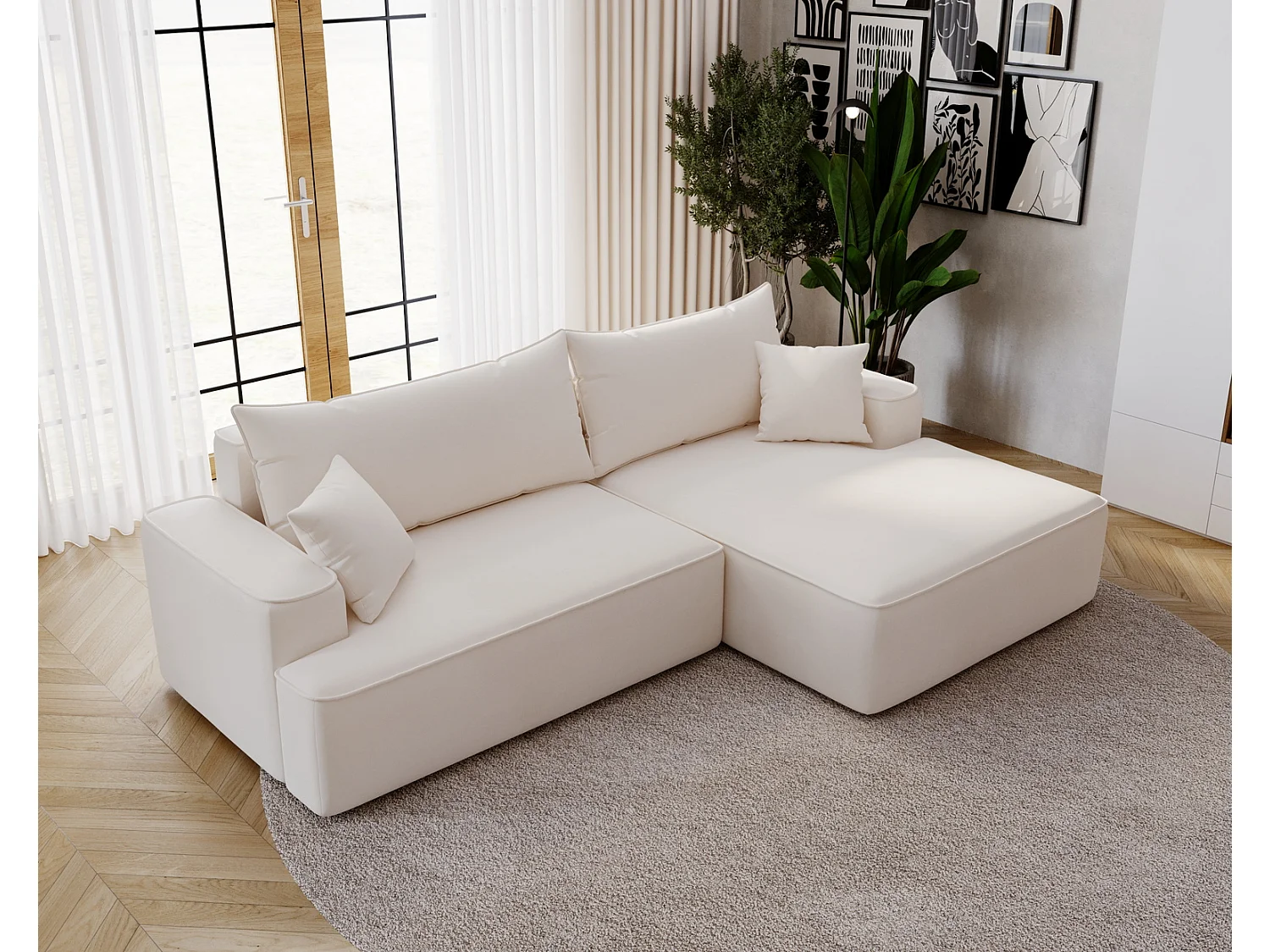 Emporius Dallas Canapé d'angle 270 cm, Convertible, Tissu Velours - Droite, Crème (Komodo 10)