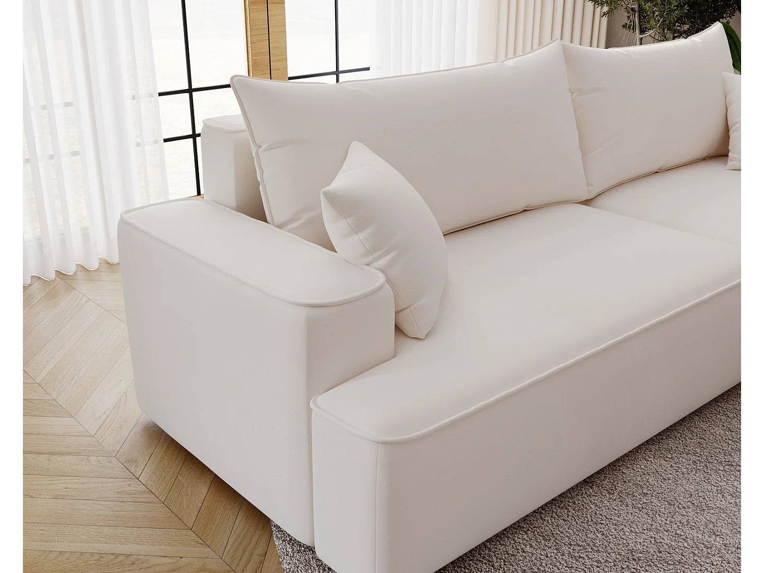 Emporius Dallas Canapé d'angle 270 cm, Convertible, Tissu Velours - Droite, Crème (Komodo 10)