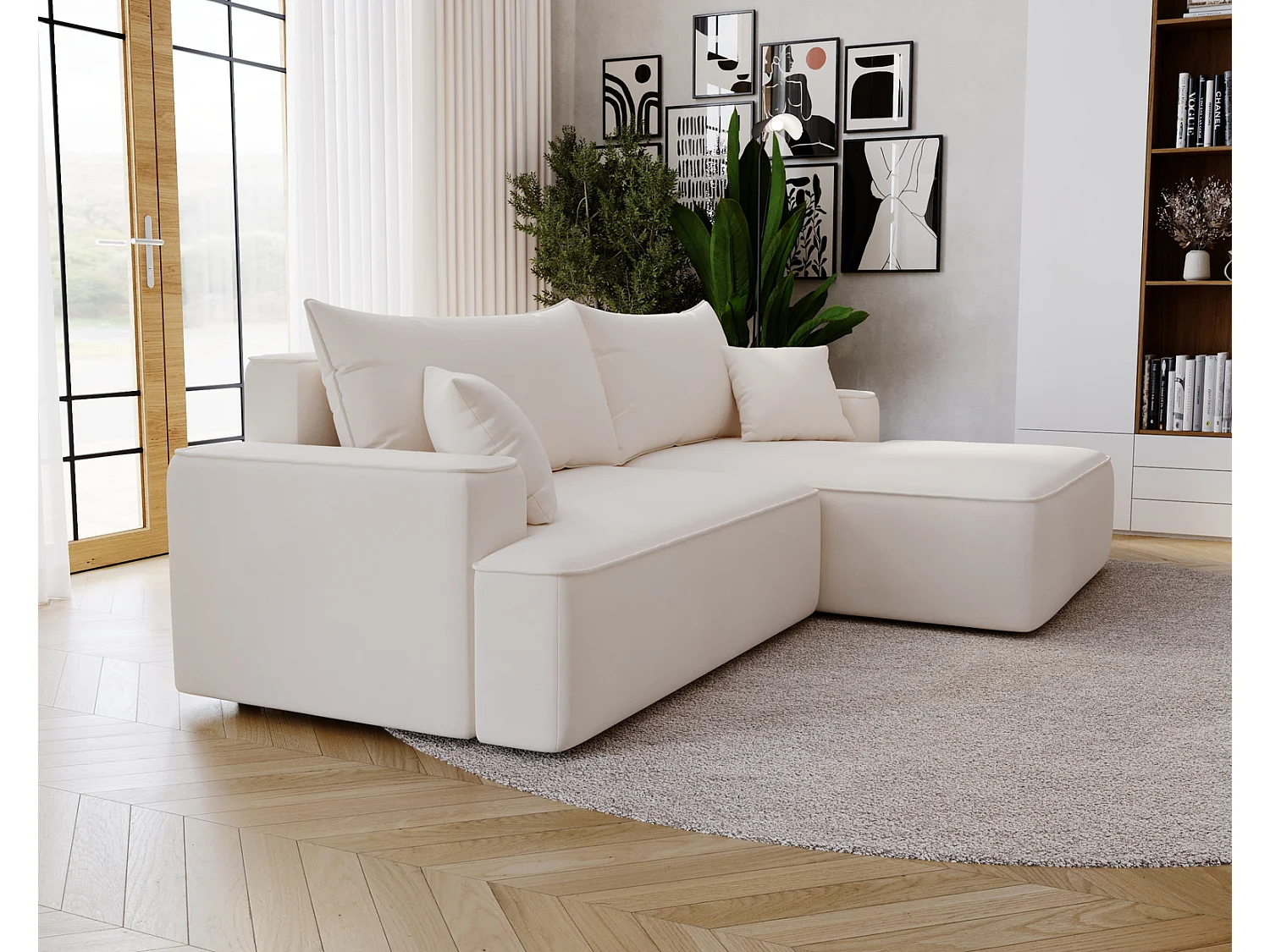 Emporius Dallas Canapé d'angle 270 cm, Convertible, Tissu Velours - Droite, Crème (Komodo 10)