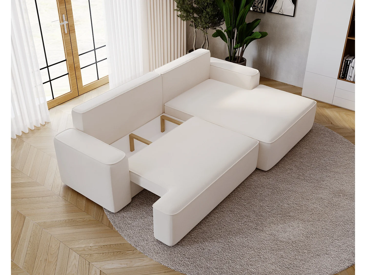 Emporius Dallas Canapé d'angle 270 cm, Convertible, Tissu Velours - Droite, Crème (Komodo 10)