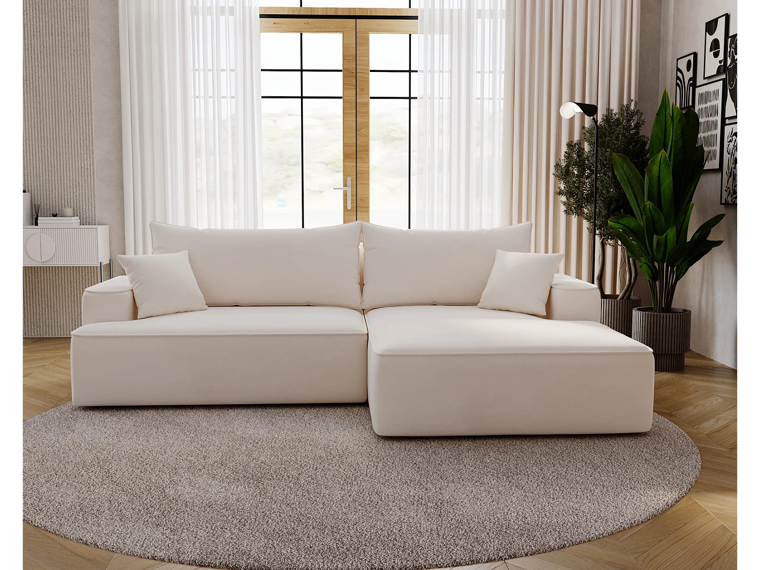 Canapé d'angle convertible Dallas, 270 cm, velours, droit, crème