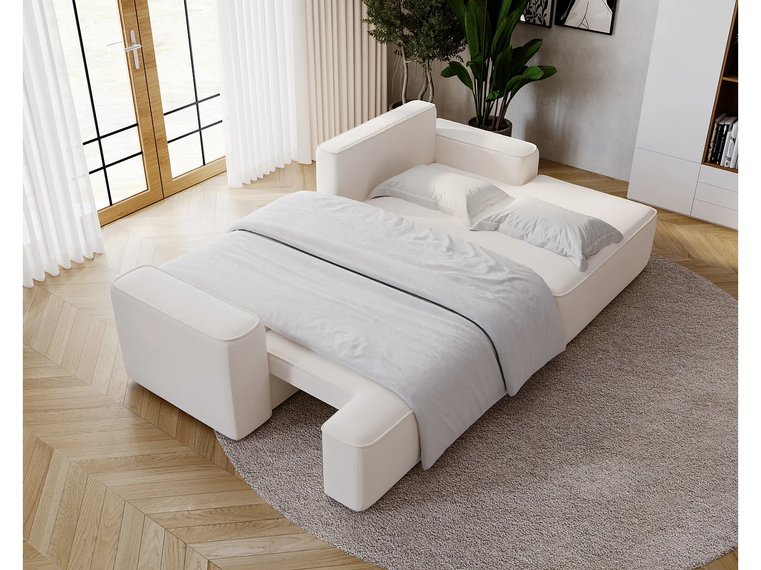 Canapé d'angle convertible Dallas, 270 cm, velours, droit, crème