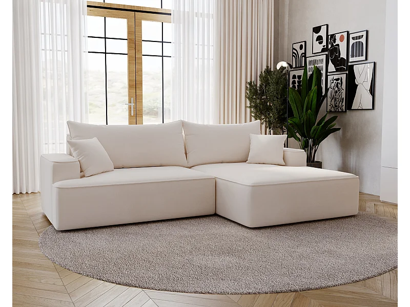 Emporius Dallas Canapé d'angle 270 cm, Convertible, Tissu Velours - Droite, Crème (Komodo 10)