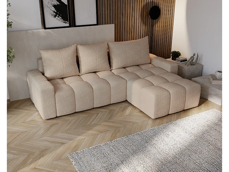 Emporius Wilson Canapé d'angle - Tissu Bouclé, Canapé 255 cm Convertible, Droite - Beige (Anthology 3)